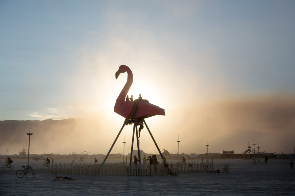 Josh Zubkoff, Phoenicopterus Rex, a 40-foot-tall flamingo-shaped observatory that towers above Black Rock City at Burning Man 2017. Courtesy of the Burning Man Journal.