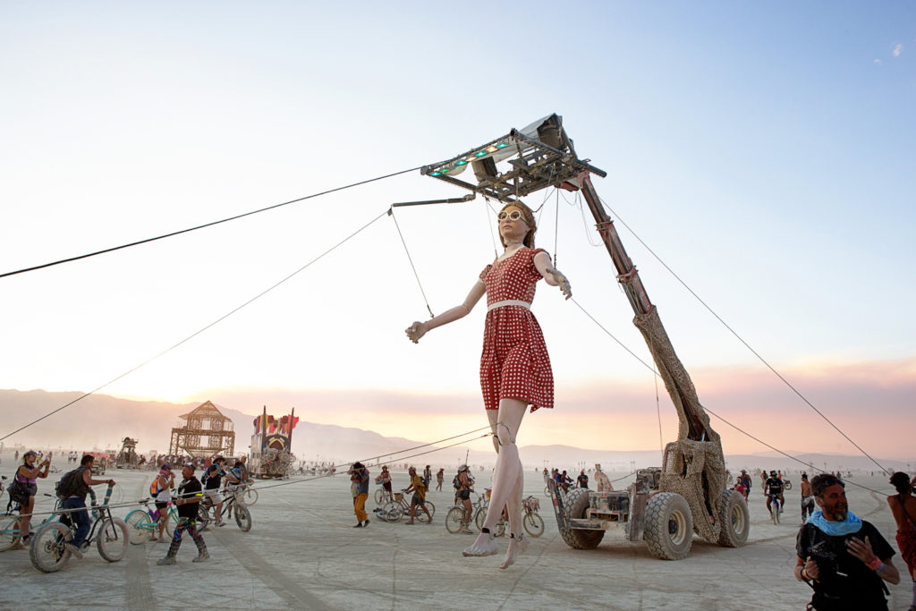 Miguel Angel Martin Bordera, Stepping Forward, an over 20-foot-tall marionette that moves about Black Rock City at Burning Man 2017. Courtesy of the Burning Man Journal.