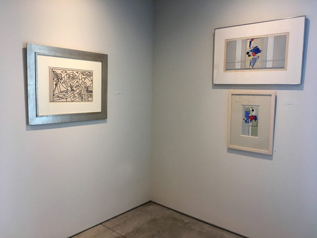 Installation view of "The WPA" at Washburn Gallery with Stuart Davis's study for <em>Men Without Women</em> at Radio City Music Hall (1932) at left and Lee Krasner's studies for a mural for the WNYC offices (1941) at right. Courtesy of Washburn Gallery.