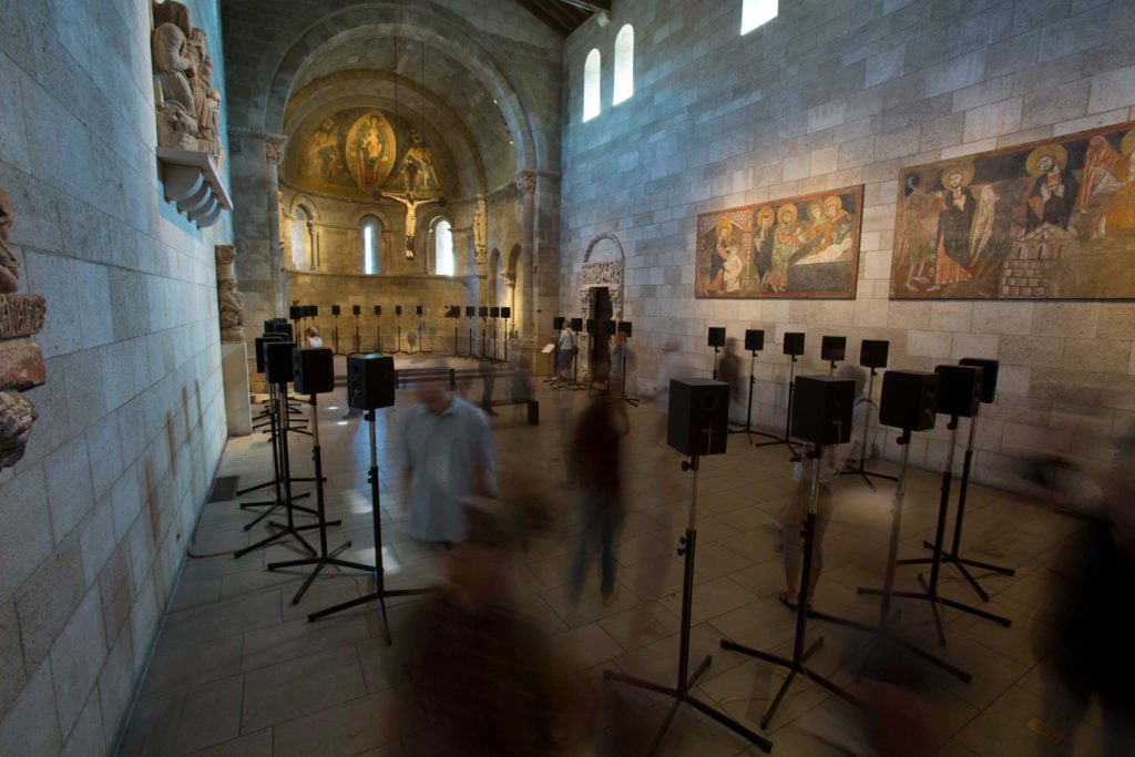 Janet Cardiff, <i>The Forty Part Motet</i> (2001) installation at Fuentiduena Chapel at The Cloisters museum and gardens. Image: The Metropolitan Museum of Art/Wilson Santiago. 