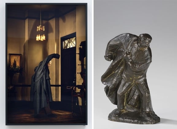 L: Rodney Graham's Coat Puller (2017). Courtesy of the artist. R: Ernst Barlach's Der Mantelanzieher (1913). © Estate of Ernst Barlach.