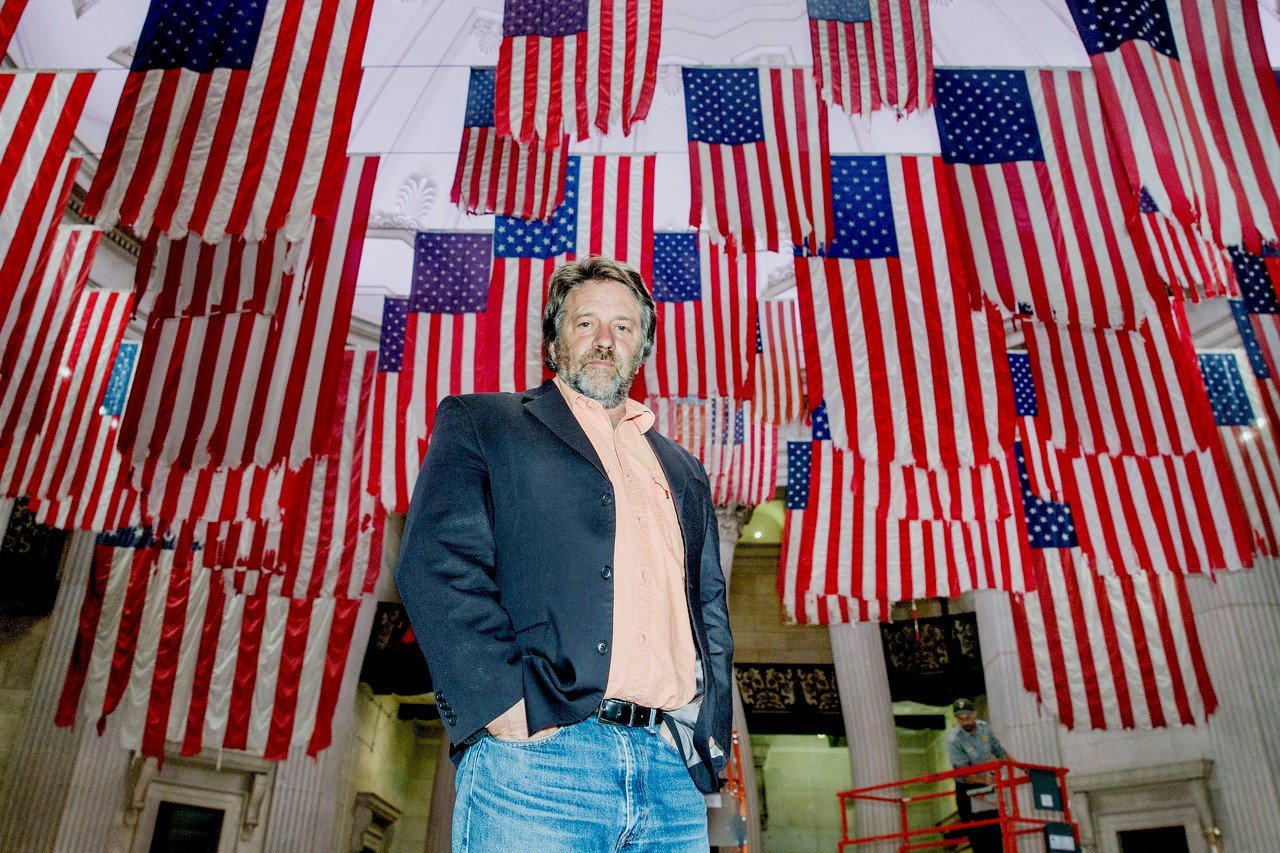 Mel Ziegler: with his exhibition “Mel Ziegler: A Living Thing – Flag Exchange” at Federal Hall. Courtesy of Guillaume Ziccarelli.