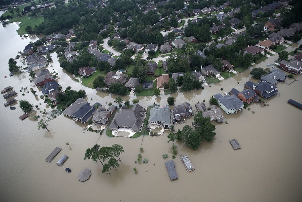 Flooded homes are shown near Lake Houston following Hurricane Harvey August 30, 2017 in Houston, Texas. Photo by Win McNamee/Getty Images.
