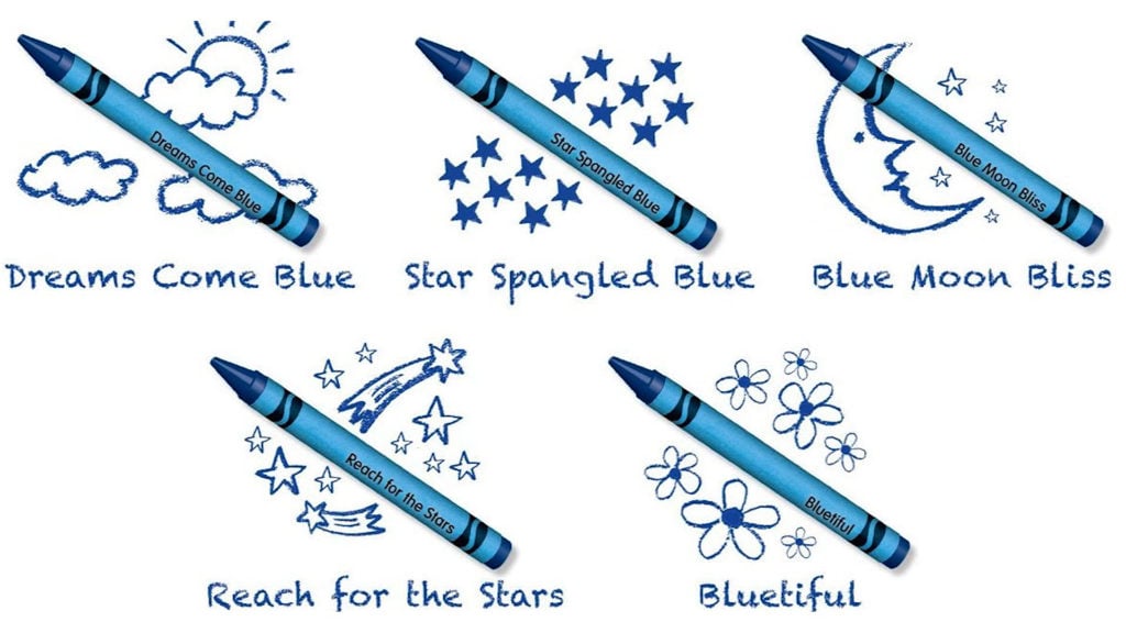 Crayola chose five finalists from the public's suggestions for the name of the new blue. Courtesy of Crayola.