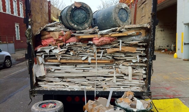 A truckfull of damaged canvases and drywall from CRG Gallery after Hurricane Sandy. Photo: John Vorwald.