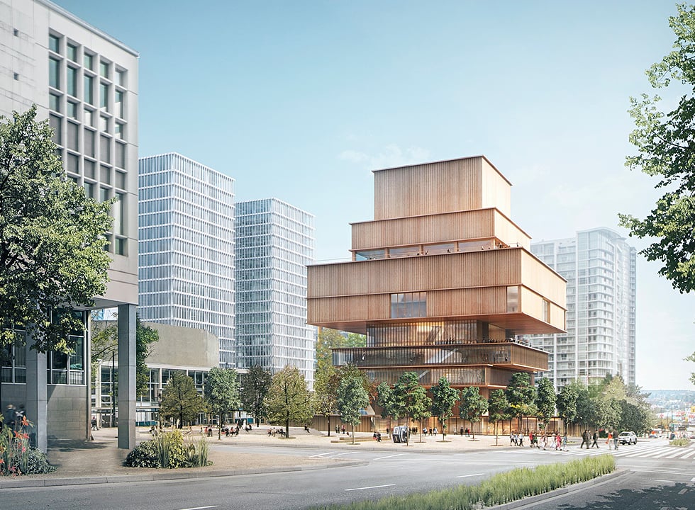 a rendering of a shiny building on a street with blue sky in the background