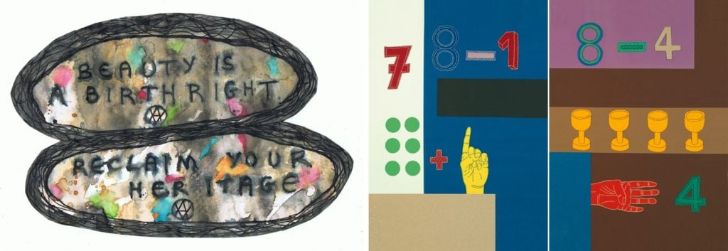 Left: Jamie Reid's <i>Beauty is a Birthright</i>. Right: prints from Nathalie du Pasquier's <i>Counting</i> (2014). Images courtesy of the artists.