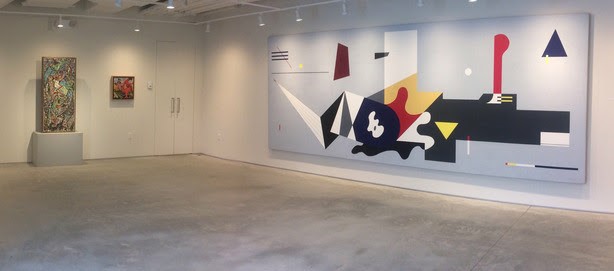 Installation view of "The WPA" at Washburn Gallery with Jackson Pollock's only mosaic at left and Ilya Bolotowsky’s recreation of his Williamsburg Housing Project mural at right. Courtesy of Washburn Gallery.