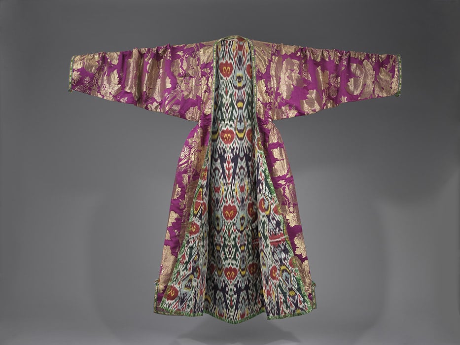 Woman’s coat. Bukhara, Uzbekistan, late 19th century. Brocaded silk, ikat-dyed silk and cotton lining. Courtesy of the Israel Museum, Jerusalem, and photographer Mauro Magliani.