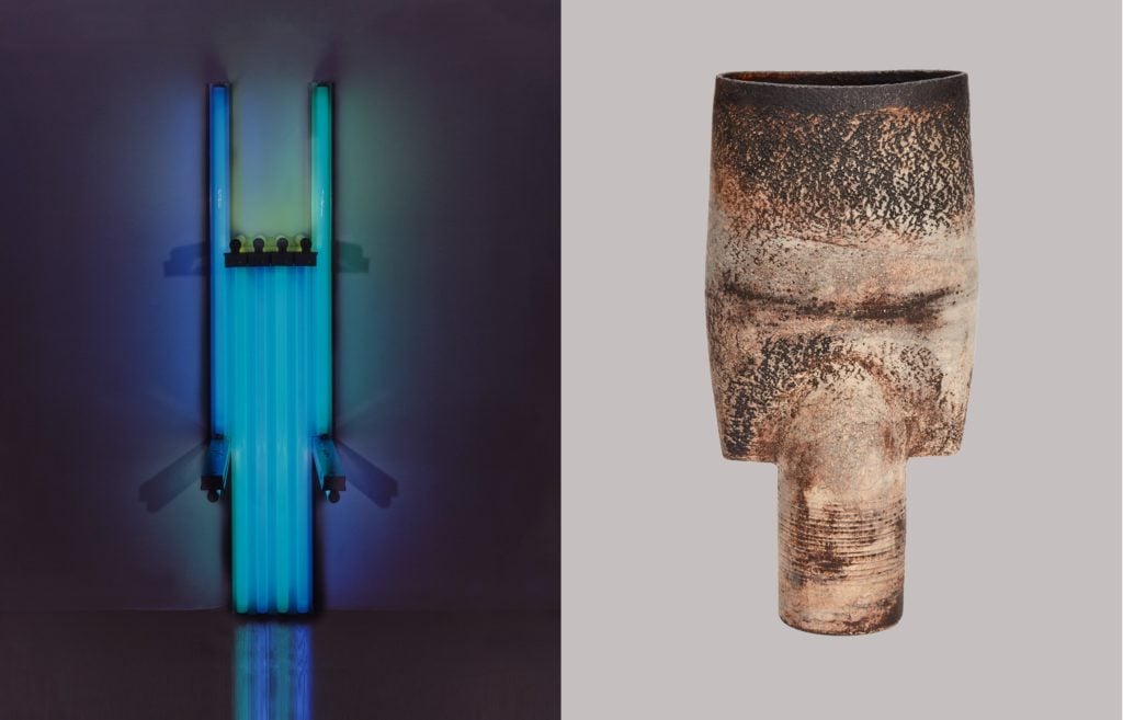 Left: Dan Flavin, <i>untitled (to Lucie Rie, master potter) 1rrr, (1990). © Stephen Flavin / Artists Rights Society (ARS), New York; Courtesy Rubin/Spangle Gallery. Right: Hans Coper, <i> Spade</i>, (circa 1970). © Estate of the Artist; Collection of the Estate of Dan Flavin. 