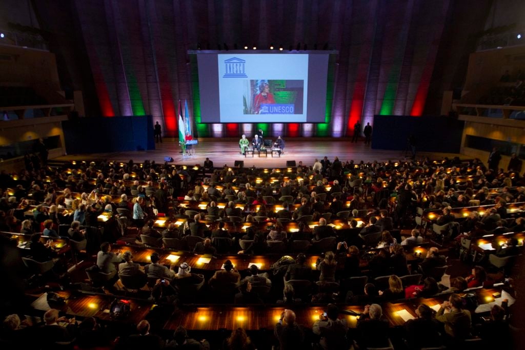 The Director-General of UNESCO Irina Bokova of Bulgaria delivers a speech at the UNESCO headquarters in Paris. Joel Saget/AFP/Getty Images.
