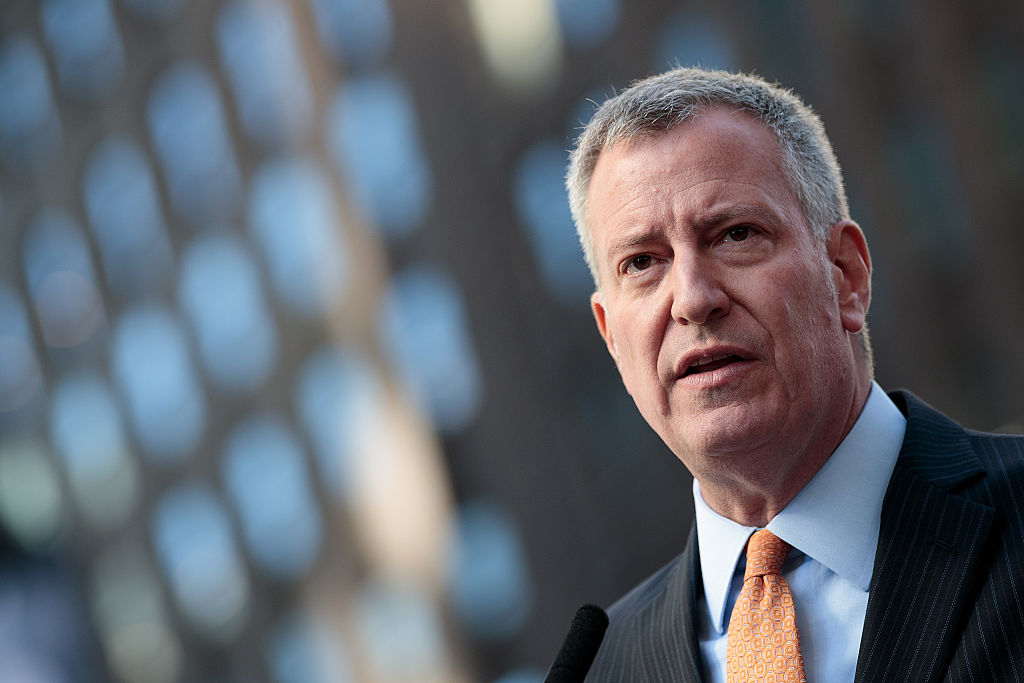 New York City Mayor Bill de Blasio speaks during a press conference in Times Square in 2016. Photo by Drew Angerer/Getty Images.