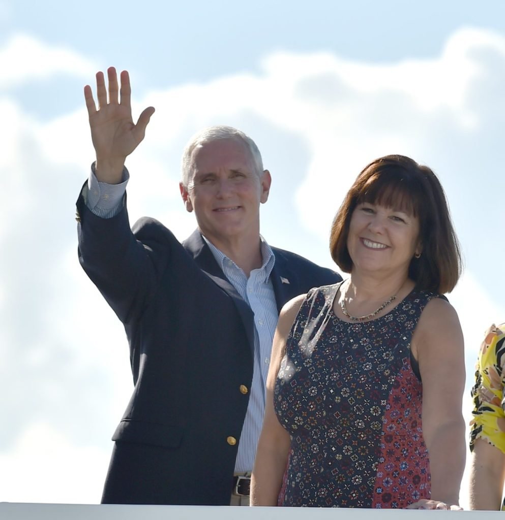 Karen Pence (center) and her husband U.S. Vice President Mike Pence take a harbor cruise with New South Wales State Premier Gladys Berejiklian, at right. (Photo by Peter Parks-Pool/Getty Images)