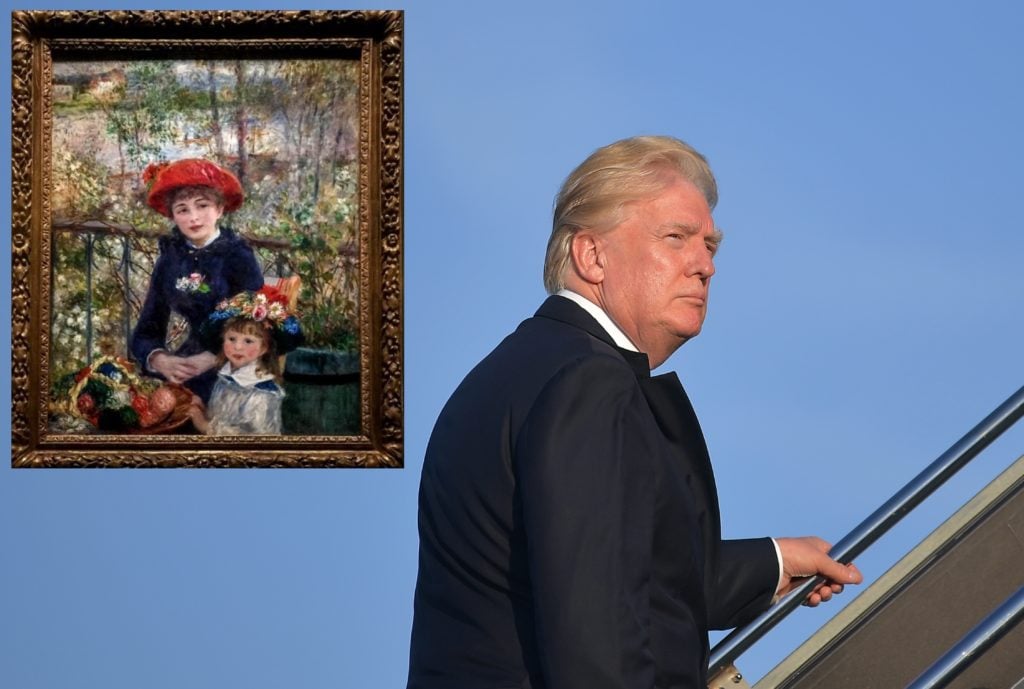Donald Trump says the Renoir on his plane is real—but experts disagree. Trump photo by MANDEL NGAN/AFP/Getty Images; Renoir courtesy of the Art Institute of Chicago)