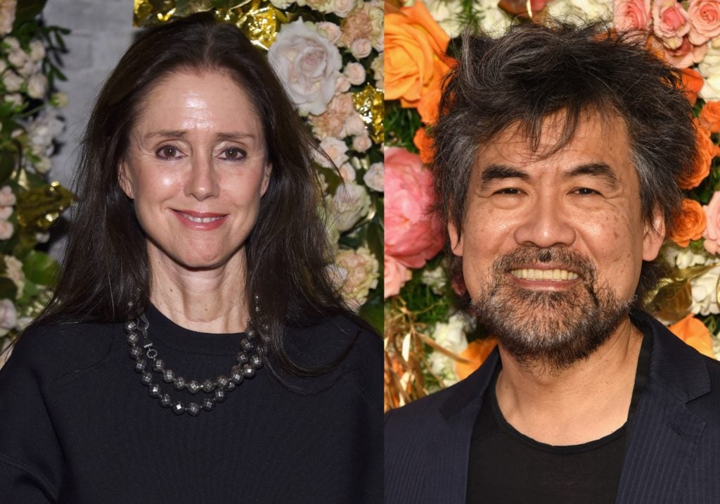 On the left, Director Julie Taymor attends John Hardy And Vanity Fair Celebrate Legends at Le Coucou on October 24, 2017 in New York City. (Photo by Dimitrios Kambouris/Getty Images for Vanity Fair) On the right, playwright David Henry Hwang attends the 61st Annual Obie Awards at Webster Hall on May 23, 2016 in New York City. (Photo by Mike Pont/Getty Images for American Theater Wing)