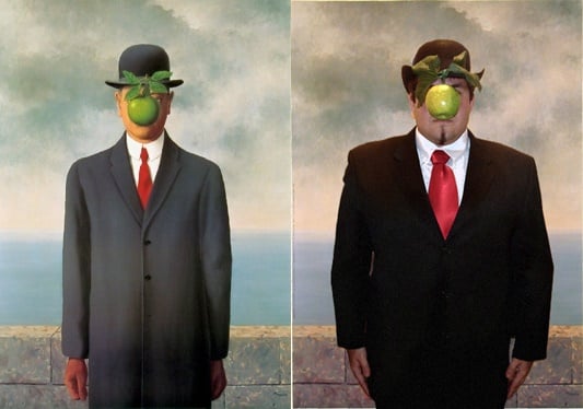 On the left, René Magritte, <i>Le Fils de L'Homme (Son of Man)</i> (1973). Photo: courtesy Thurston Royce Gallery of Fine Art, LTD. On the right, a man dressed up like René Magritte's <i> Son of Man</i>. Courtesy of Jennifer Murawski and Flickr.