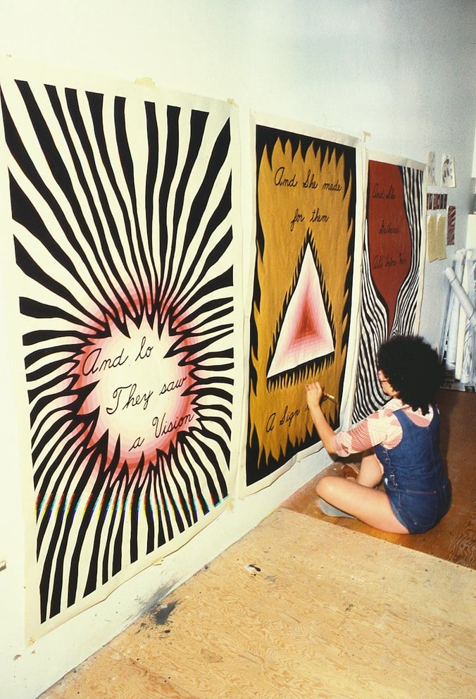Judy Chicago designing the entry banners for <em>The Dinner Party</em> (1978). Courtesy of Through the Flower Archive.
