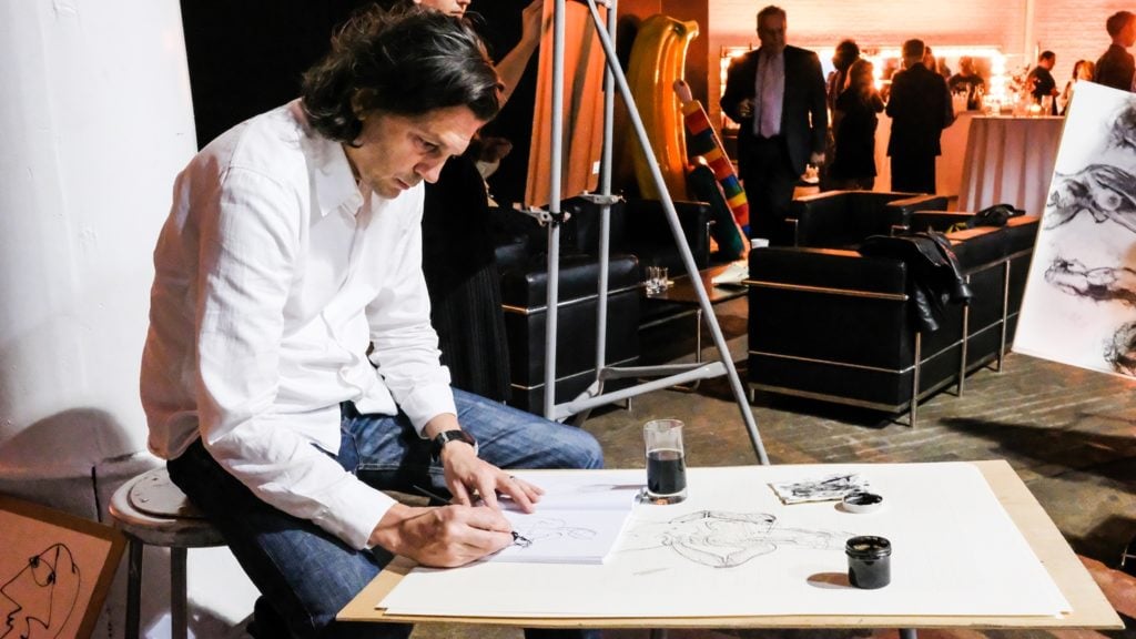Artist Ryan McGinness during the "Drawing Party." Courtesy of the New York Academy of Art.