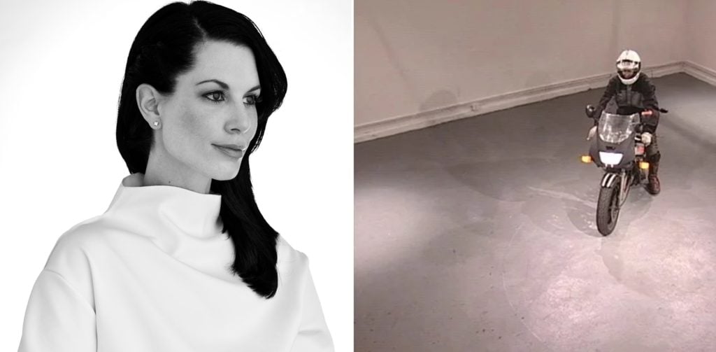 (L): Julia Stoschek, courtesy of Twitter. (R): Still from Aaron Young's <i>High Performance</i> (2000). Courtesy of MoMA.
