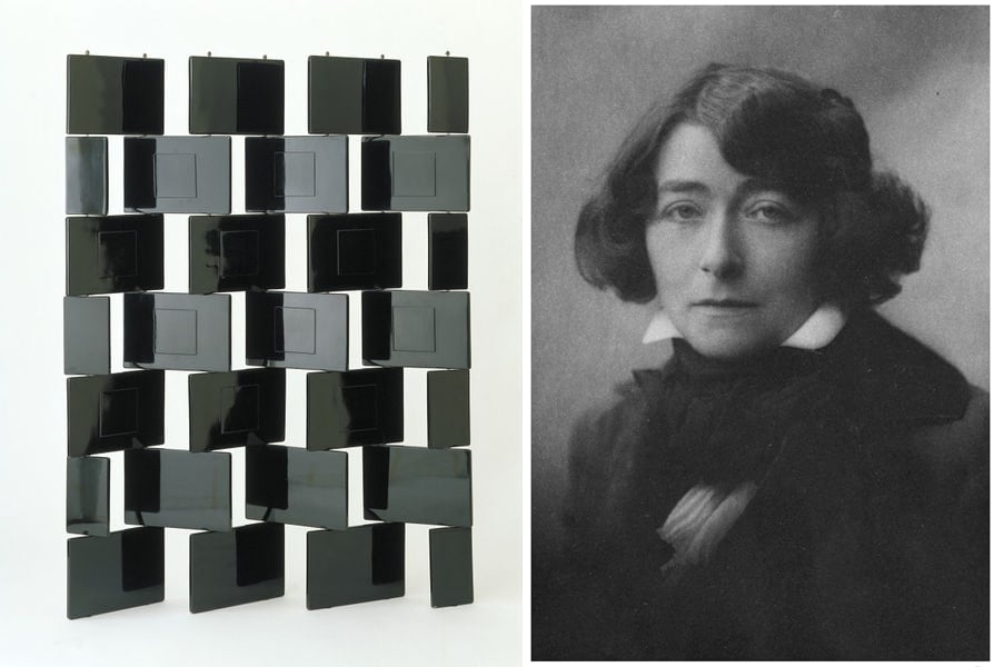 (L) Eileen Gray's <i>Screen</i> (1923). Courtesy of the V&A Collection. (R) Portrait of Gray, photograph by George Charles Beresford, © National Museum of Ireland.