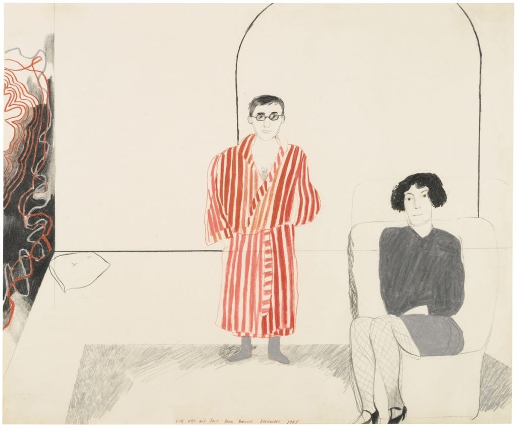 David Hockney, <em>Kas and Jane</em> (1965). Courtesy of Paul Kasmin Gallery.