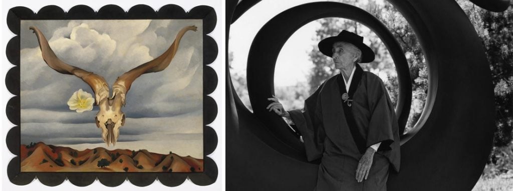 (L) Georgia O'Keeffe's <i>Ram’s Head, White Hollyhock – Hills</i> (1935). Courtesy of the Brooklyn Museum. (R) Portrait of O'Keeffe by Bruce Weber, courtesy of the Brooklyn Museum.