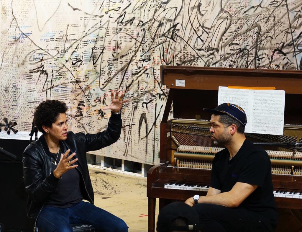Julie Mehretu and Jason Moran rehearsal picture. Courtesy of Performa, photographer Damien Young.