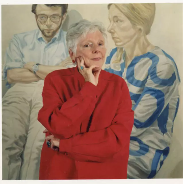 Linda Nochlin in front of Philip Pearlstein’s <em>Portrait of Linda Nochlin and Richard Pommer</em> from 1968. © Matthew Begun.
