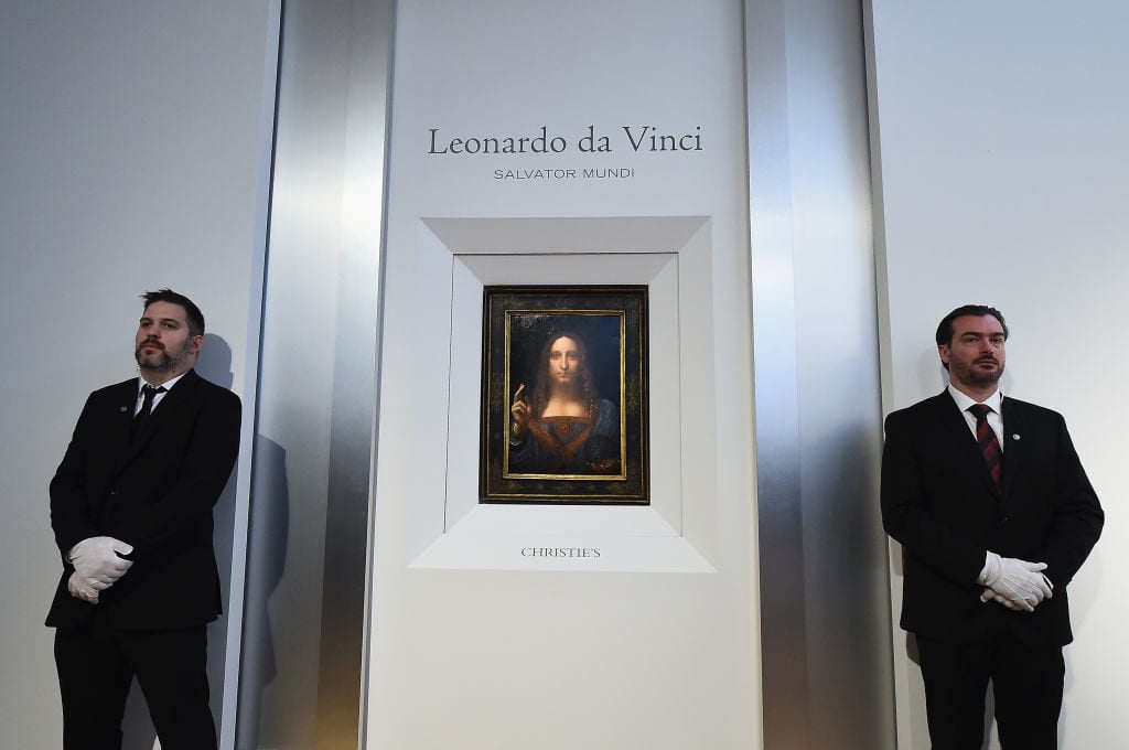 Christie's unveils Leonardo da Vinci's Salvator Mundi [pictured] with Andy Warhol's on October 10, 2017 in New York City. Photo by Ilya S. Savenok/Getty Images for Christie's Auction House.