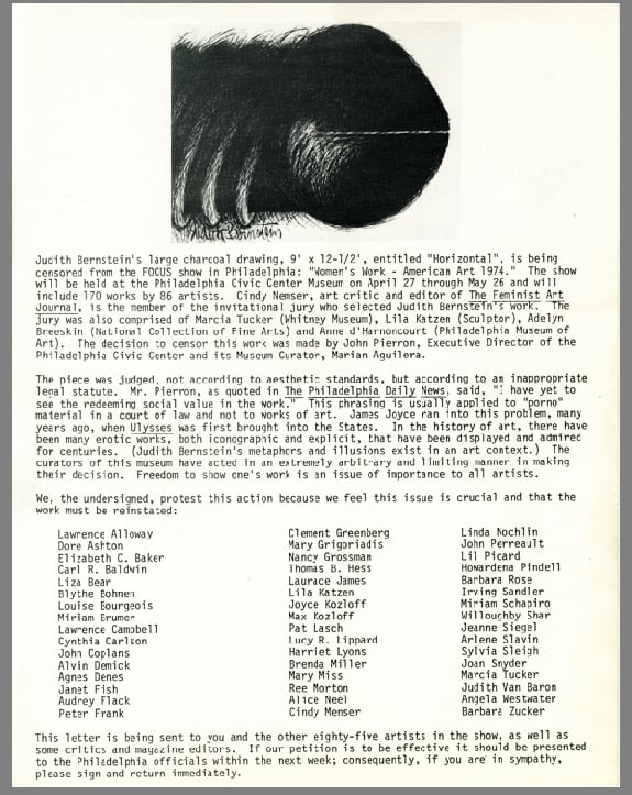 FOCUS Censorship Letter, protesting the removal of Bernstein's drawing <i>Horizontal</i>, signed by artists and critics including Louise Bourgeois, Audrey Flack, Linda Nochlin, Clement Greenberg, Alice Neel, Marcia Tucker, and Joan Snyder. Courtesy of Judith Bernstein. 