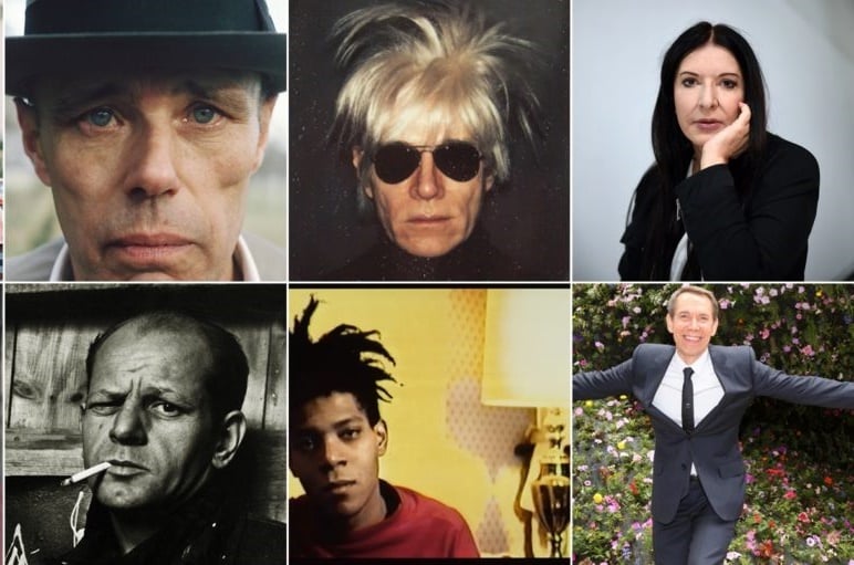 om left, Joseph Beuys, Andy Warhol, and Marina Abramović. Bottom, Jackson Pollock, Jean-Michel Basquiat, and Jeff Koons.