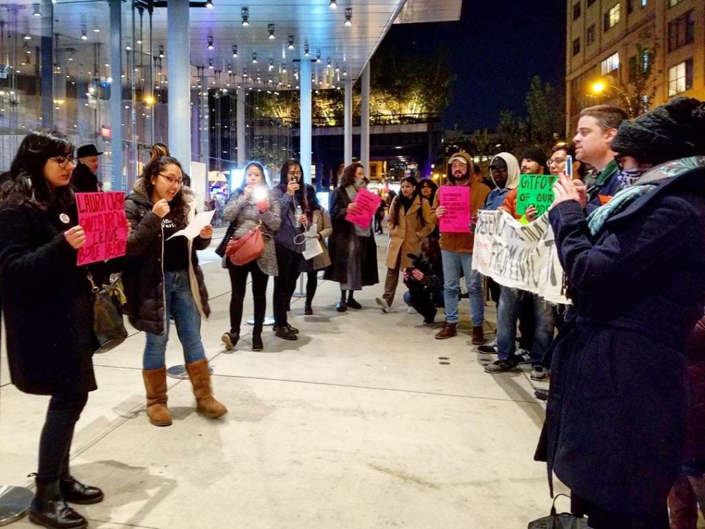 Protesting Laura Owens at the Whitney. Photo courtesy of Decolonize This Place, via Instagram.