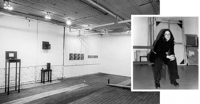 The first New Museum exhibition “Memory: at C Space” (1977), installation view. Inset: Marcia Tucker, the institution's founding director (c. 1973–75). Photos courtesy of the New Museum.