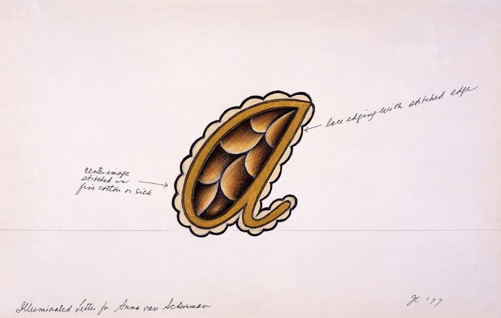 Judy Chicago, Illuminated Letter for Anna van Schurman, (1977). Courtesy of the artist and Salon 94, New York.
