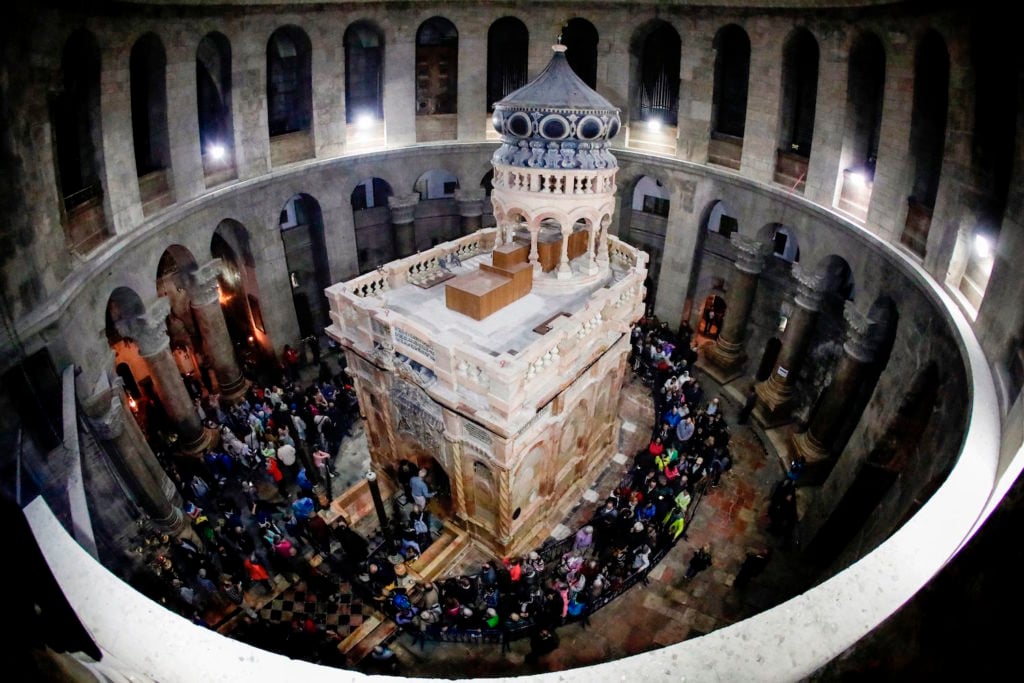 The renovated Edicule of the Tomb of Jesus (where his body is believed to have been laid) at the Church of the Holy Sepulchre in the Old City of Jerusalem. Photo courtesy of Thomas Coex/AFP/Getty Images.