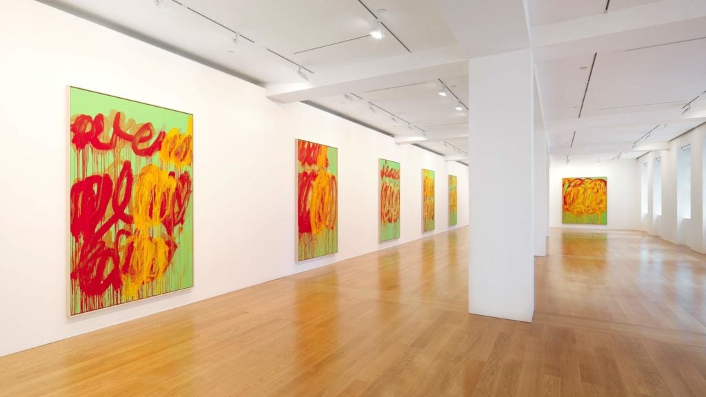 Installation view of "Cy Twombly: The Last Paintings" at Gagosian, courtesy of Gagosian Gallery.