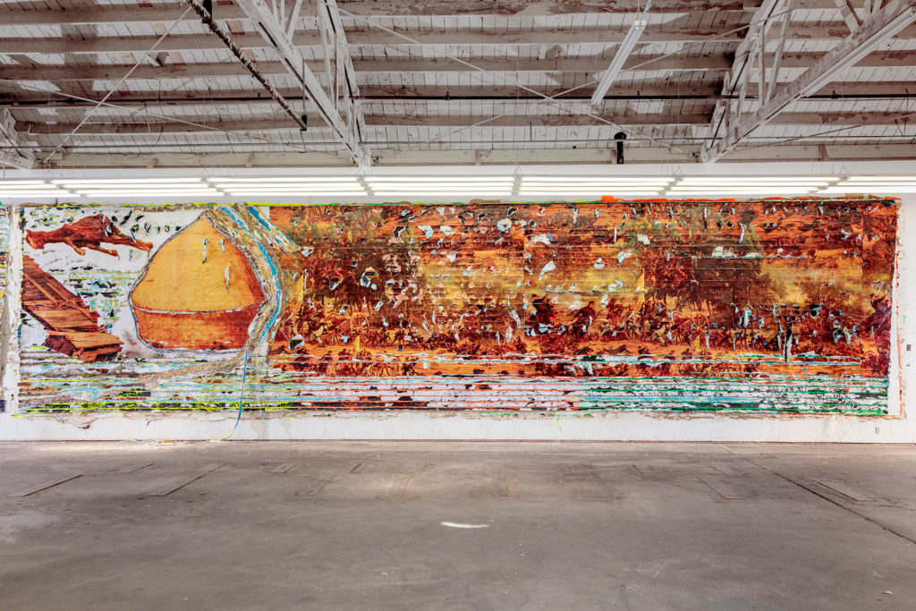 Mark Bradford, <em>Pickett's Charge (The Dead Horse)</em>, 2016–17, installed in the artist's studio. Photo courtesy of the artist and Hauser & Wirth/photographer Joshua White.