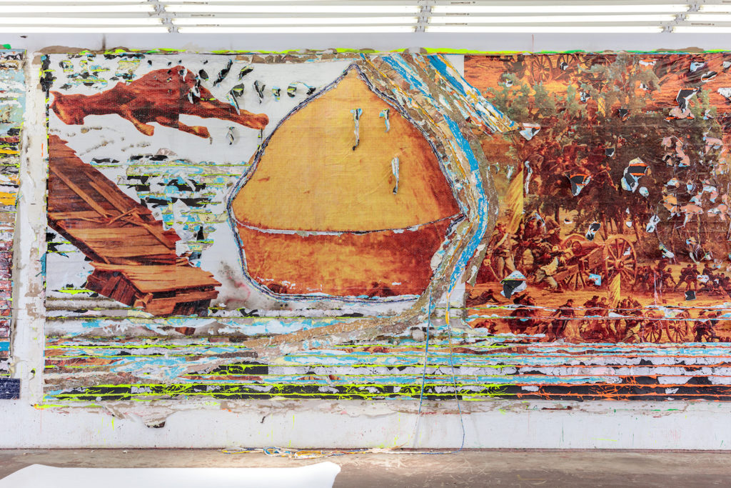 Mark Bradford, <em>Pickett's Charge (The Dead Horse)</em>, 2016–17 (detail), installed in the artist's studio. Photo courtesy of the artist and Hauser & Wirth/photographer Joshua White.