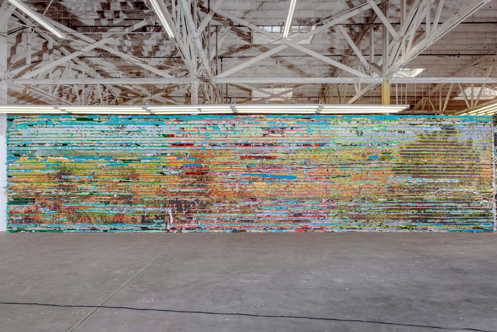 Mark Bradford, <em>Pickett's Charge (The Copse of Trees)</em>, 2016–17, installed in the artist's studio. Photo courtesy of the artist and Hauser & Wirth/photographer Joshua White.