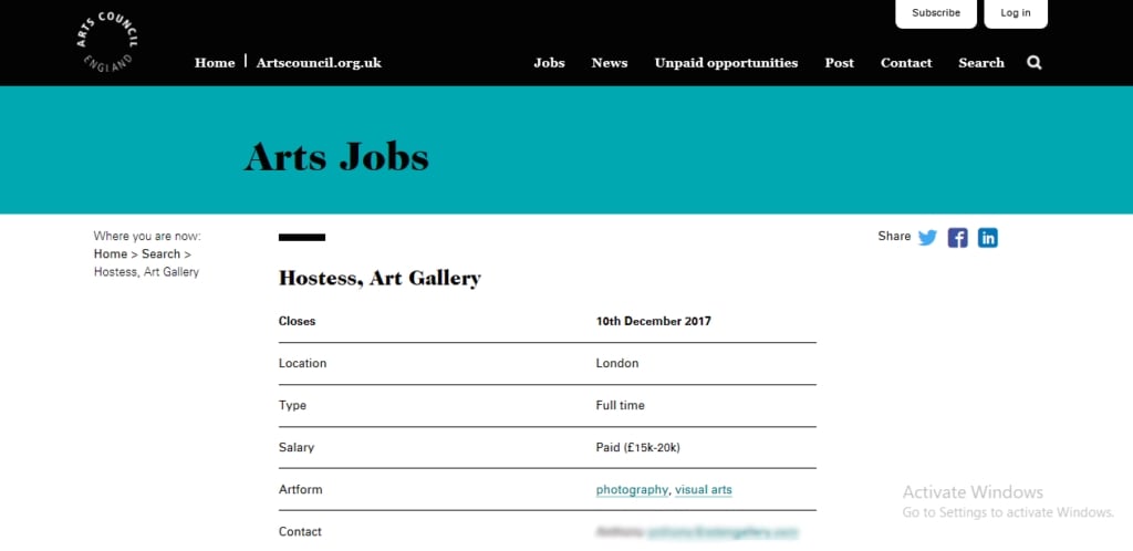 A screen shot of the since deleted job posting on Arts Council England's 'Arts Jobs' site.