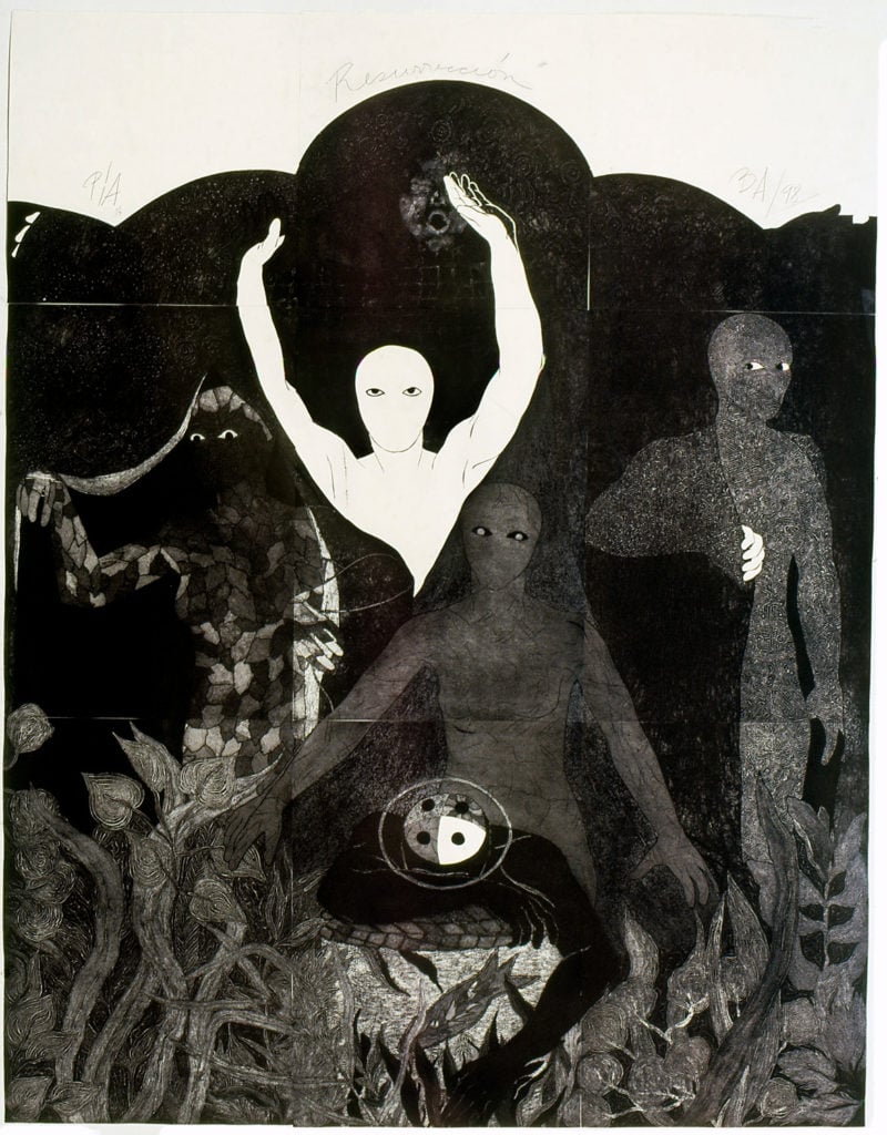 Belkis Ayón, <em>Resurrection</em> (1998), in “NKame: A Retrospective of Cuban Printmaker Belkis Ayón,” at El Museo del Barrio. Collection of the Belkis Ayón Estate.
