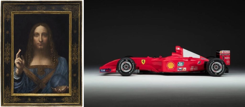 L: Leonardo da Vinci's <em>Salvator Mundi</em>; R: The 2001 Ferrari sold at Sotheby's.