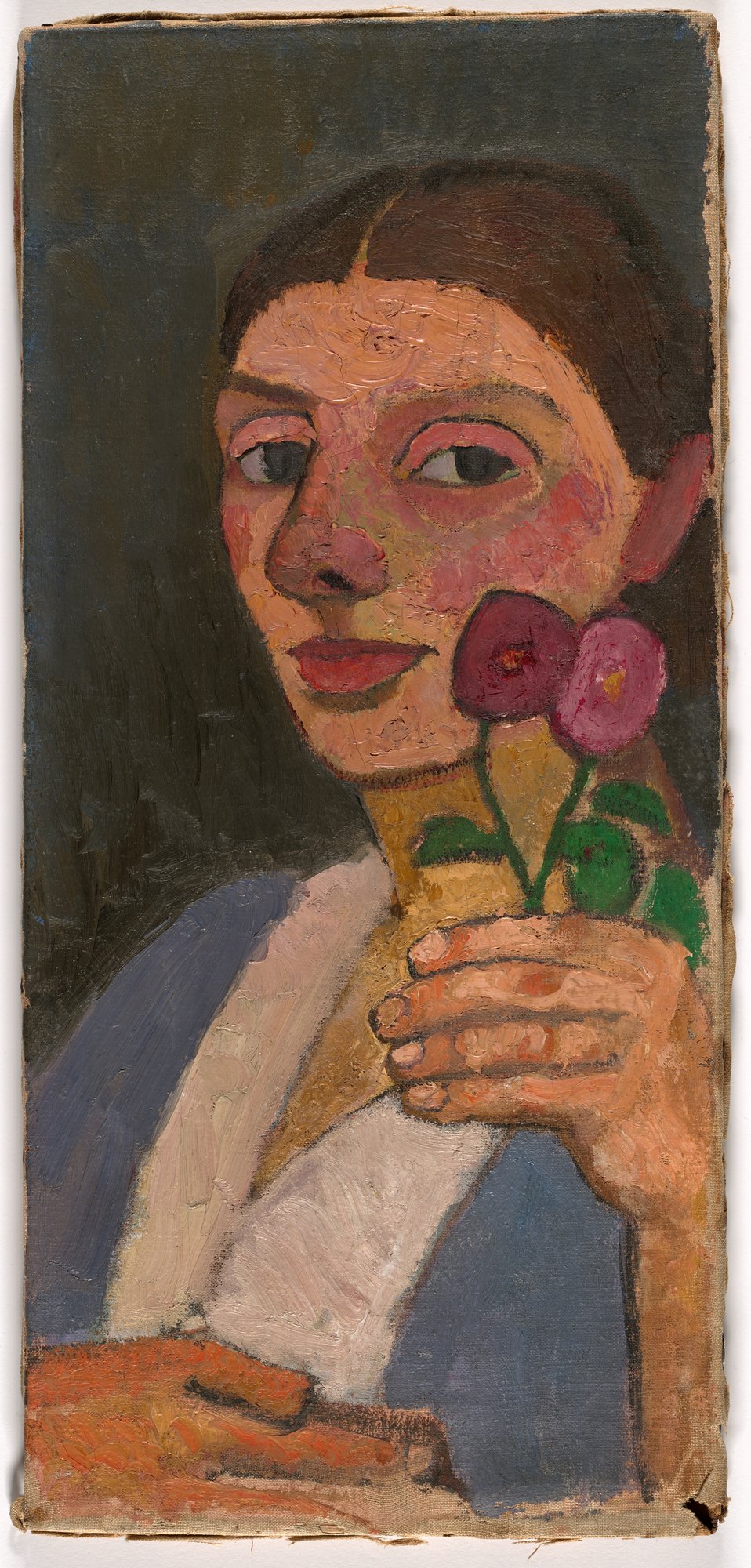 Paula Modersohn-Becker, Selbstbildnis mit zwei Blumen in der erhobenen linken Hand (Self-Portrait with Two Flowers in Her Raised Left Hand), 1907. Courtesy of the Museum of Modern Art and the Neue Galerie.