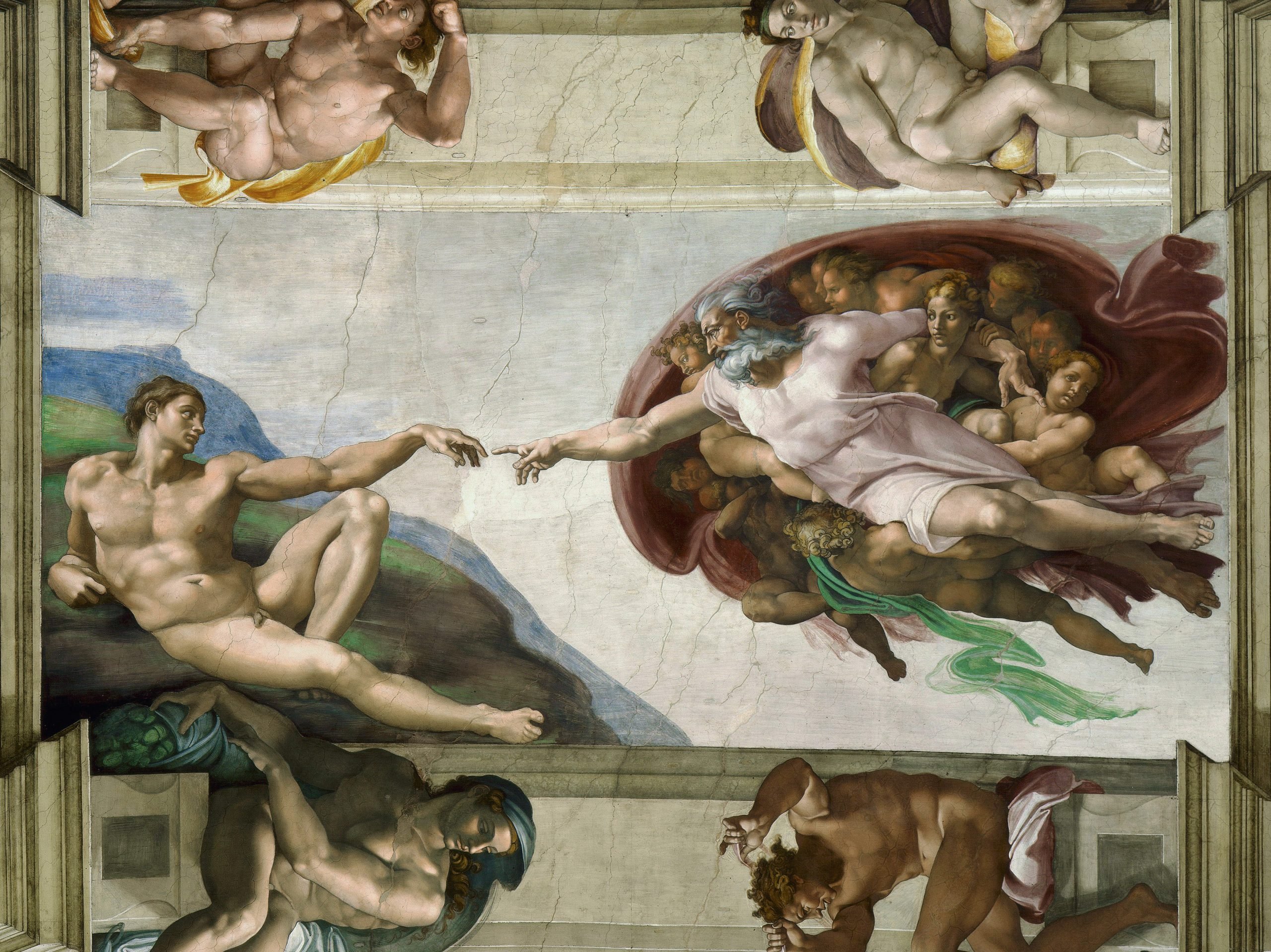 Michelangelo’s “The Creation of Adam” fresco from the Sistine Chapel ceiling, depicting God reaching toward Adam.