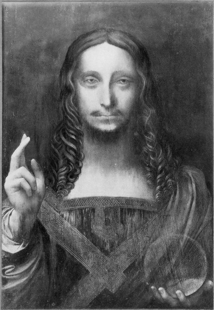 State of Leonardo da Vinci's <em>Salvator Mundi</em> before restoration. Image courtesy Christie's.