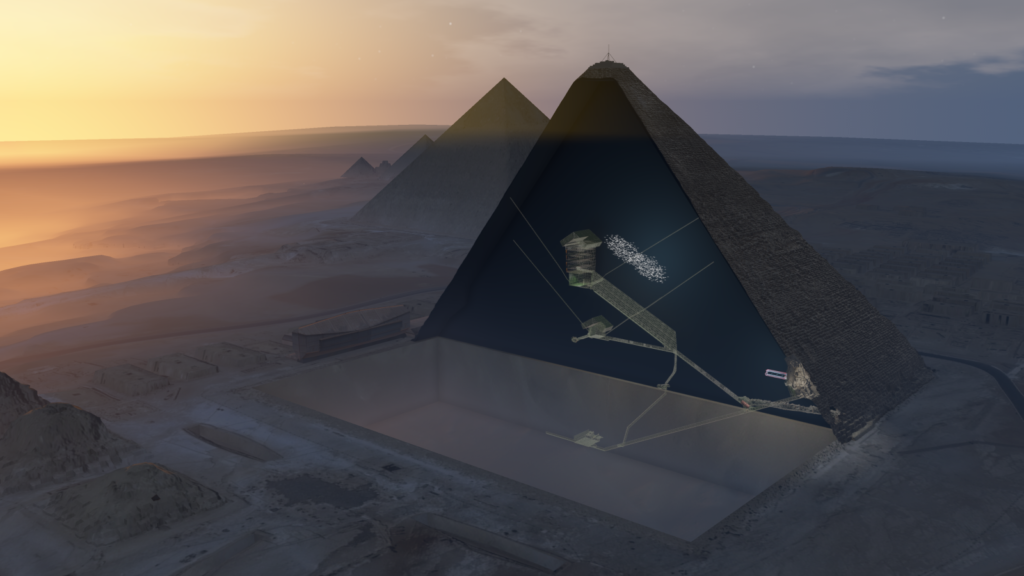 A rendering shows the newly discovered void and known structures in the Great Pyramid of Giza. Courtesy of ScanPyramids.