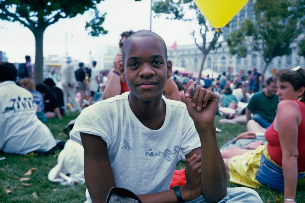 Lyle Ashton Harris, <em>Lyle, Gay Pride Parade, San Francisco</em> (1989), from <em>Today I Shall Judge Nothing That Occurs</em> (Aperture 2017). Courtesy of the Whitney Museum of American Art.