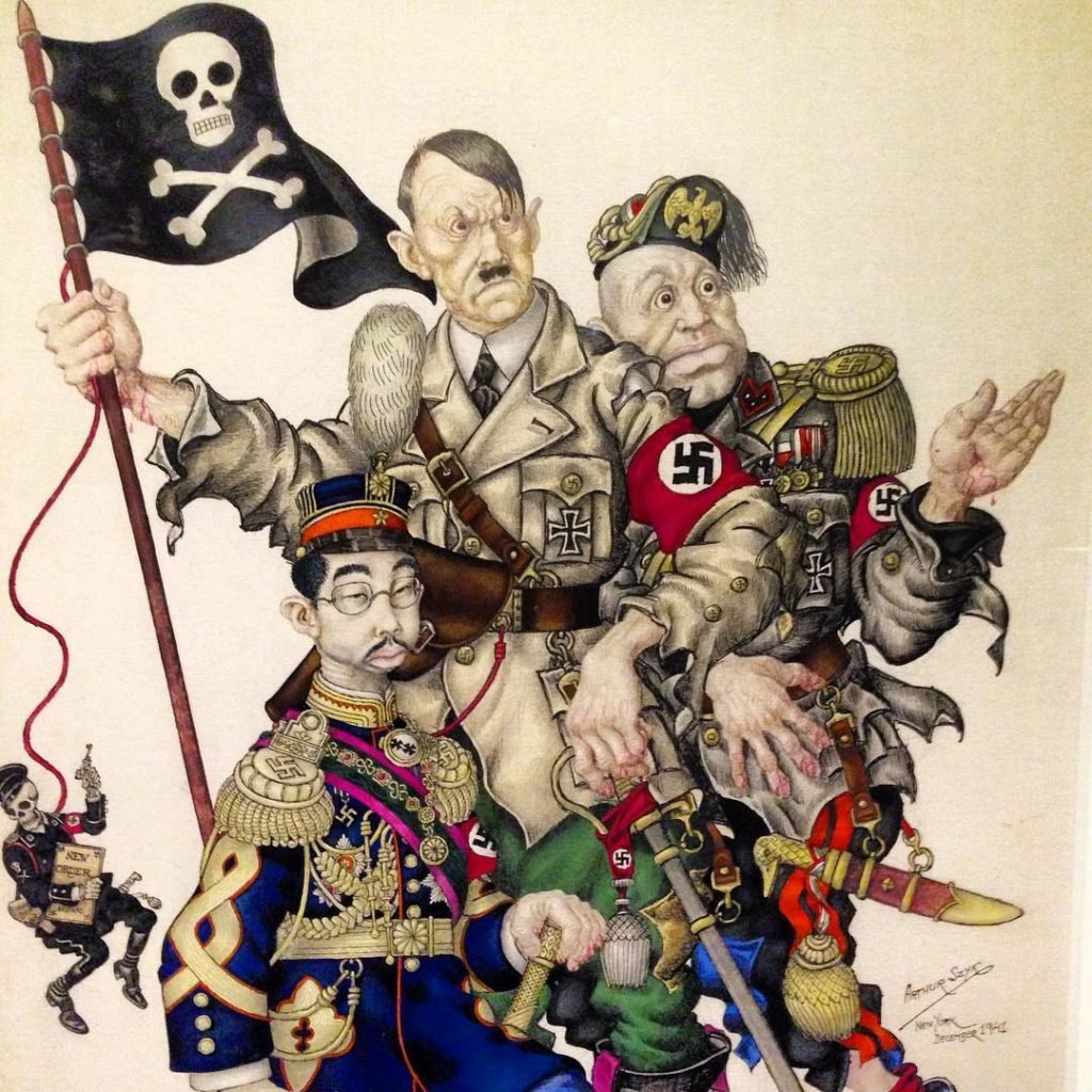 A detail of a Arthur Syzyk drawing with caricatures of Hitler, Mussolini and Hirohito, on view at the New-York Historical Society. Courtesy of Sarah Cascone.