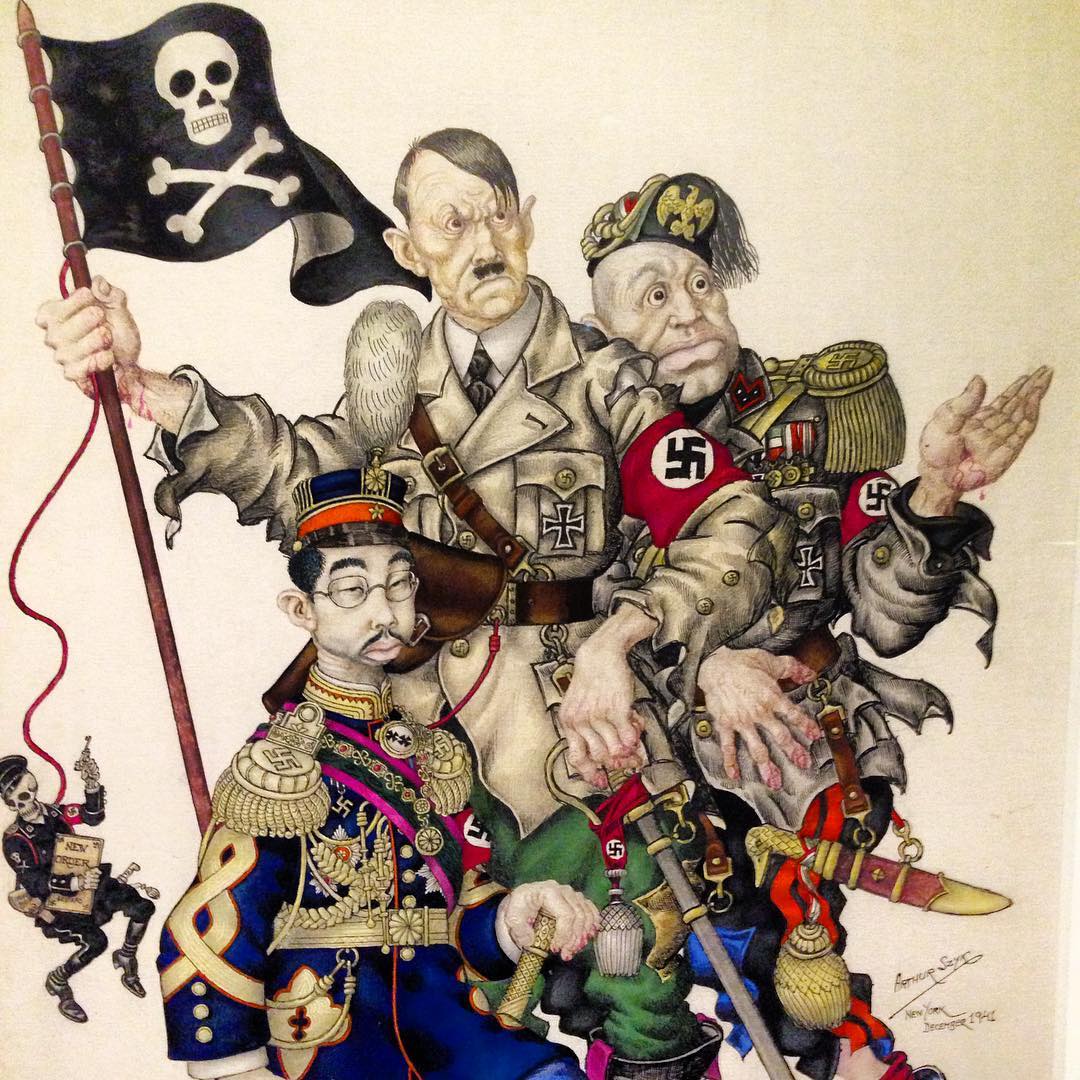 A detail of a Arthur Syzyk drawing with caricatures of Hitler, Mussolini and Hirohito, on view at the New-York Historical Society. Courtesy of Sarah Cascone.