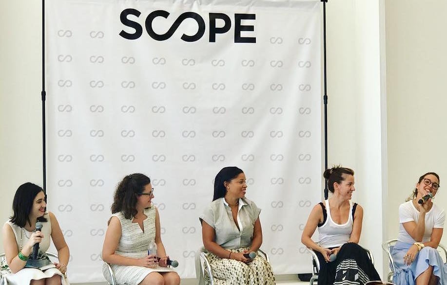 Sarah Cascone, Jennifer Scanlan, Mashonda Tifrere, Carolina García Jayaram, and Zoe Buckman speak on art and feminism at SCOPE Miami Beach. Courtesy of the National YoungArts Foundation via Instagram.
